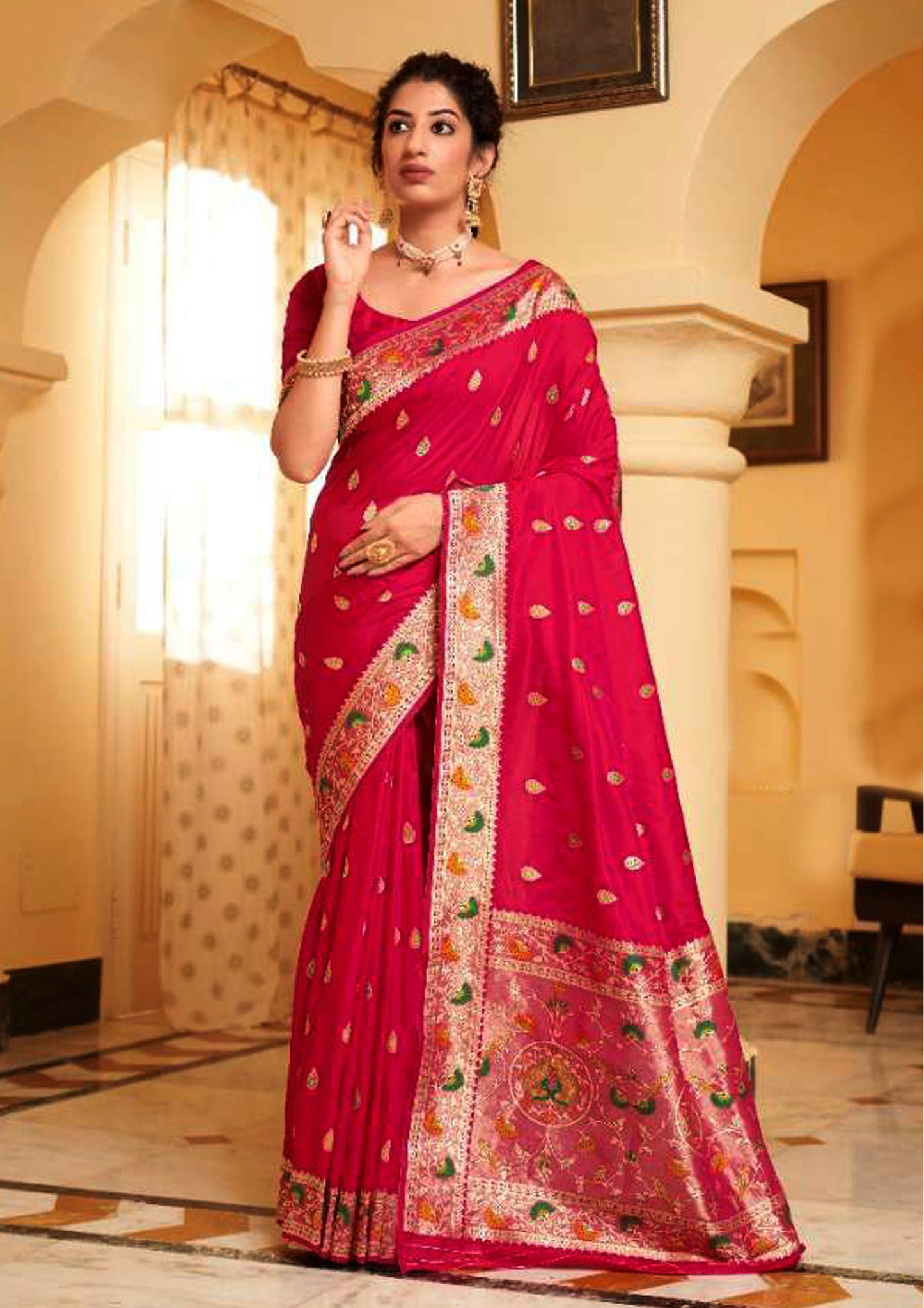 Rosewood Pink pure silk saree with golden border and matching blouse (unstitched)