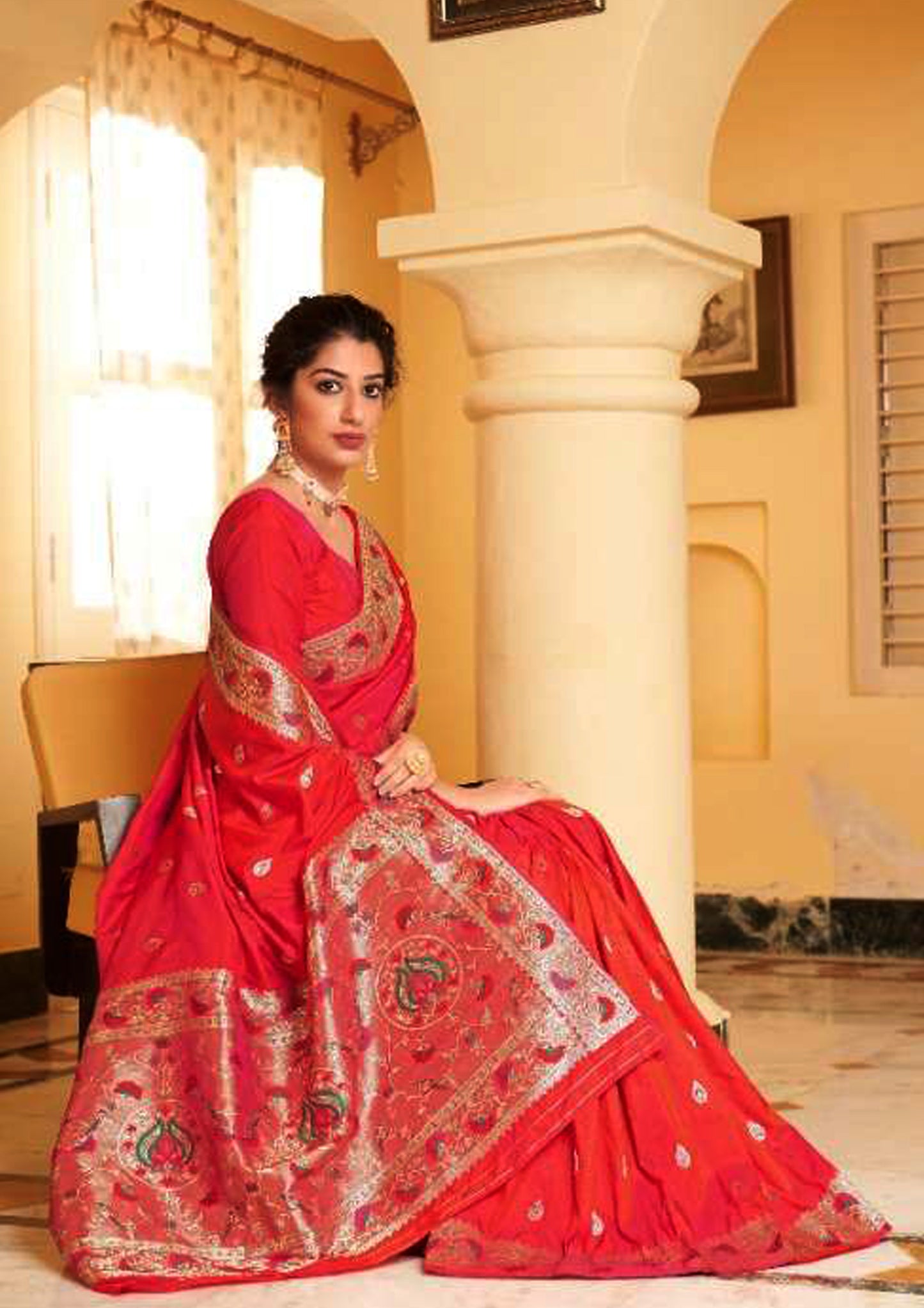 Red pure silk saree with golden border and matching blouse (unstitched)