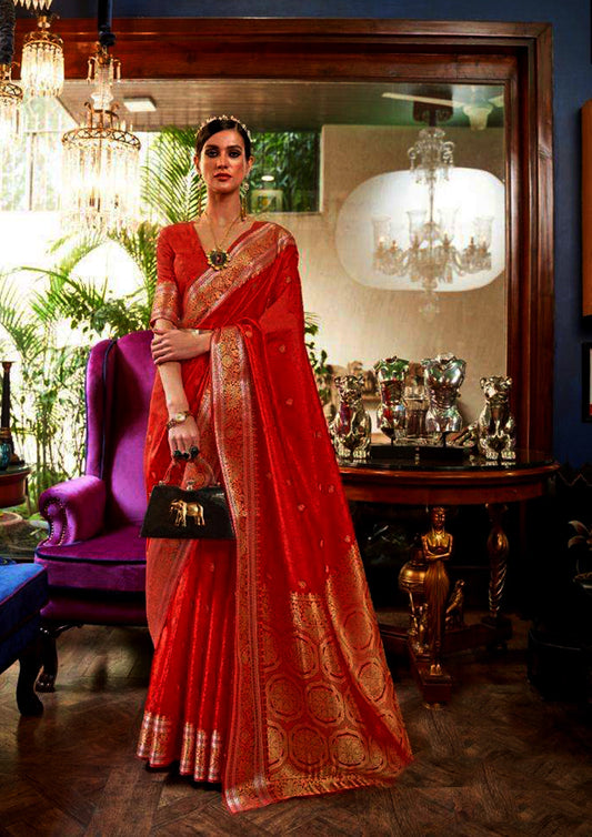 Red pure silk saree with golden border and matching blouse (unstitched)