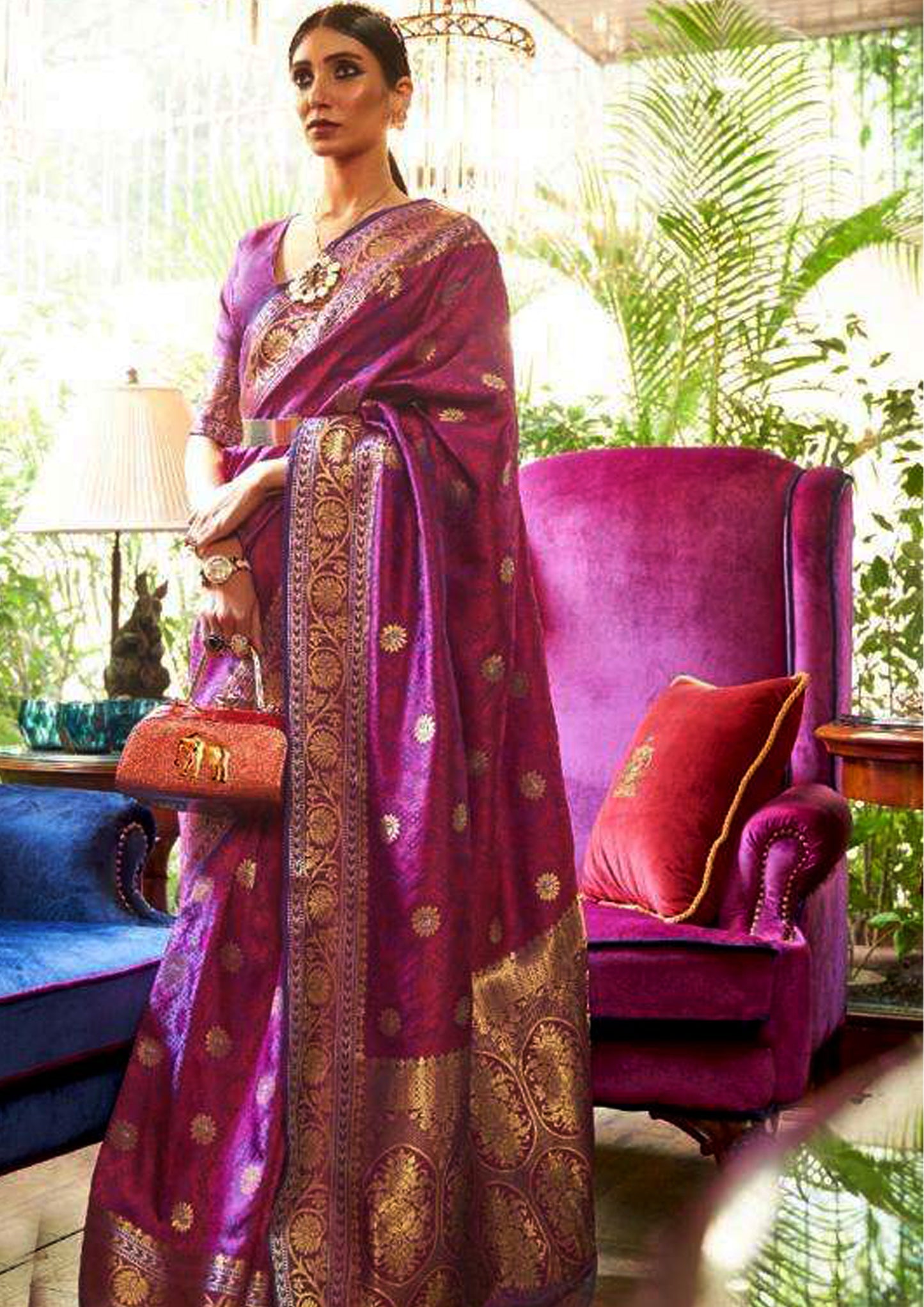 Purple pure silk saree with golden border and matching blouse (Unstitched)