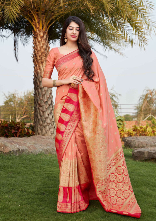 Salmon Pink pure silk saree with red designer border and matching blouse (Unstitched)