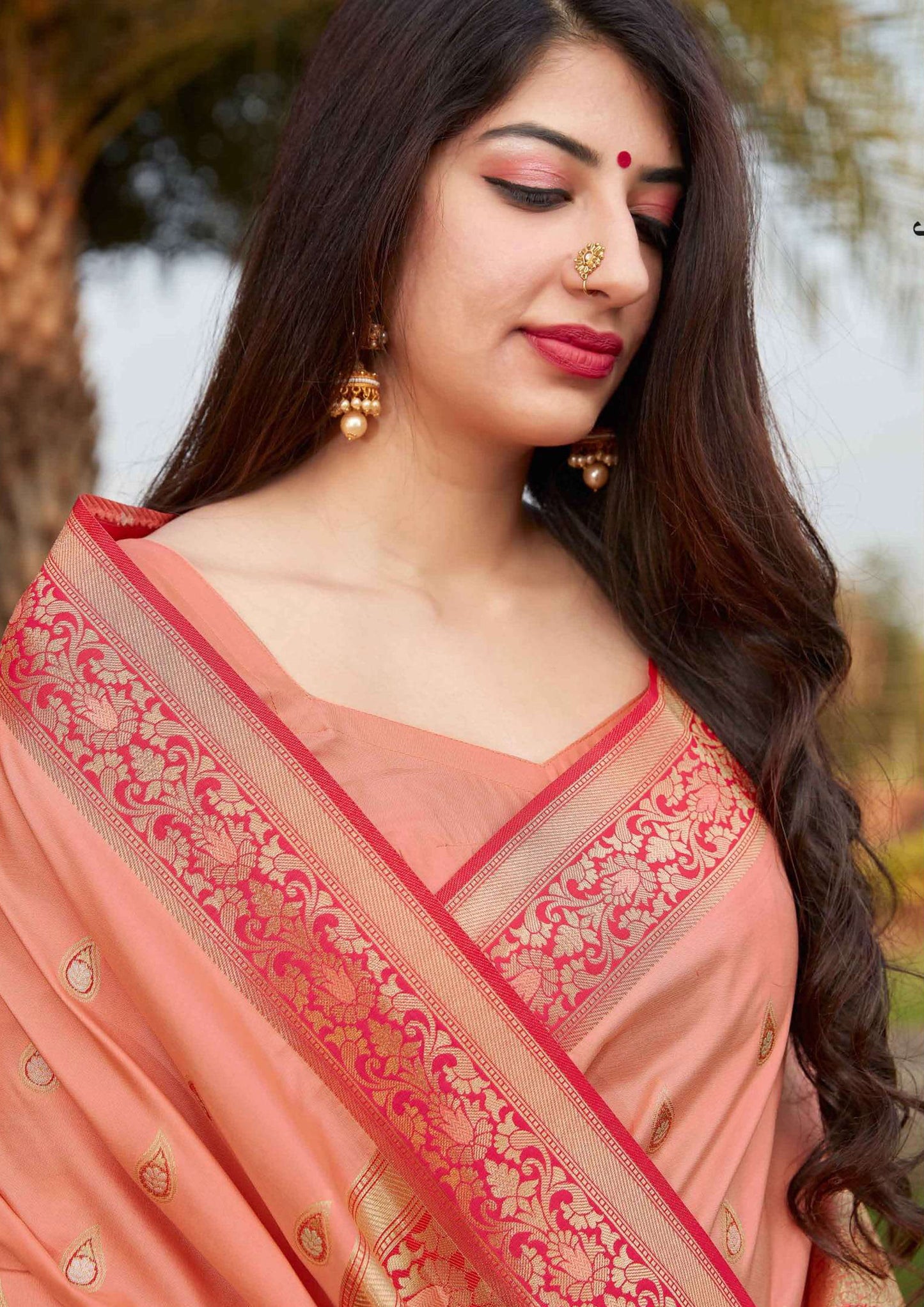 Salmon Pink pure silk saree with red designer border and matching blouse (Unstitched)