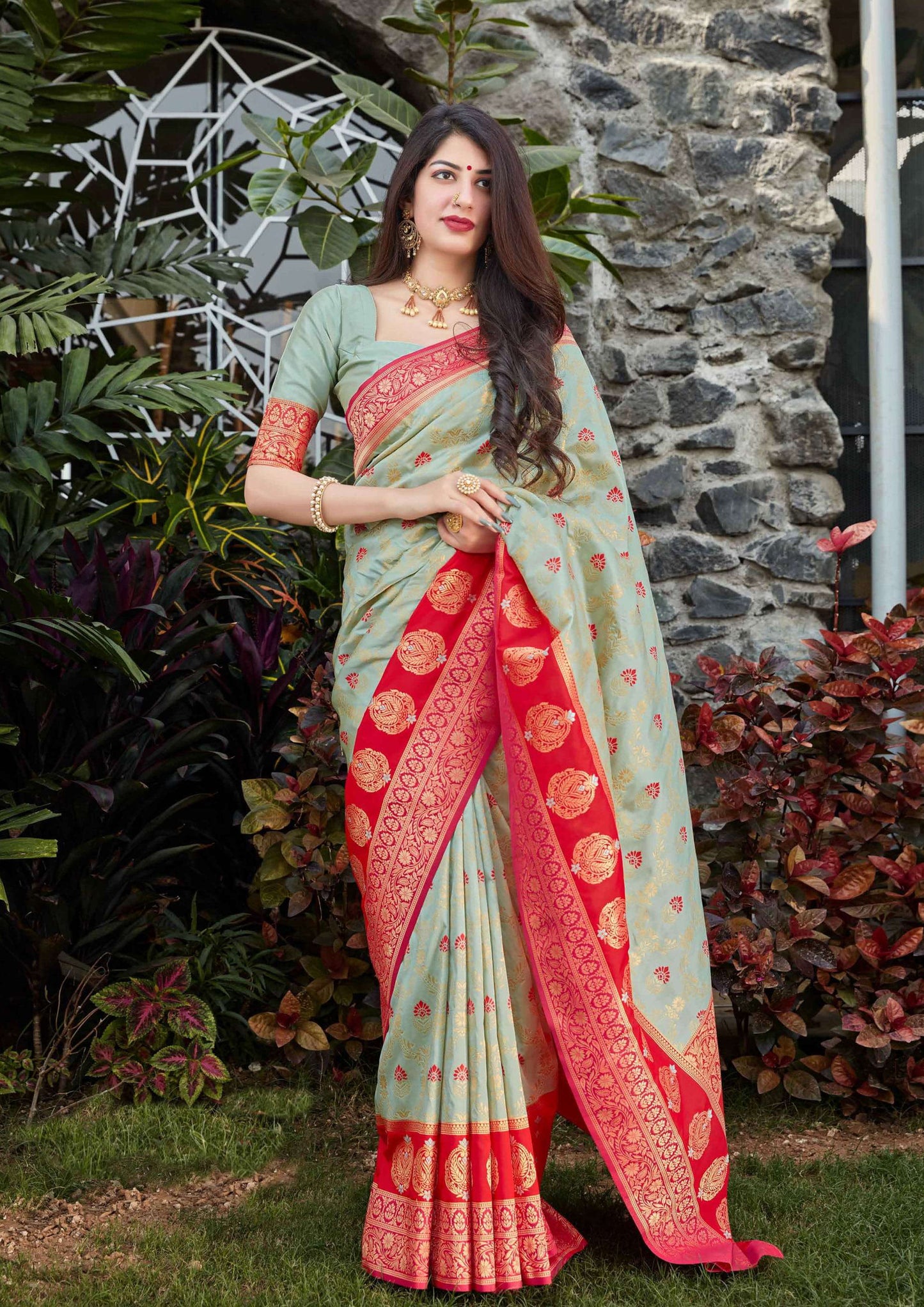 Sage Green pure silk saree with red designer border and matching blouse (unstitched)