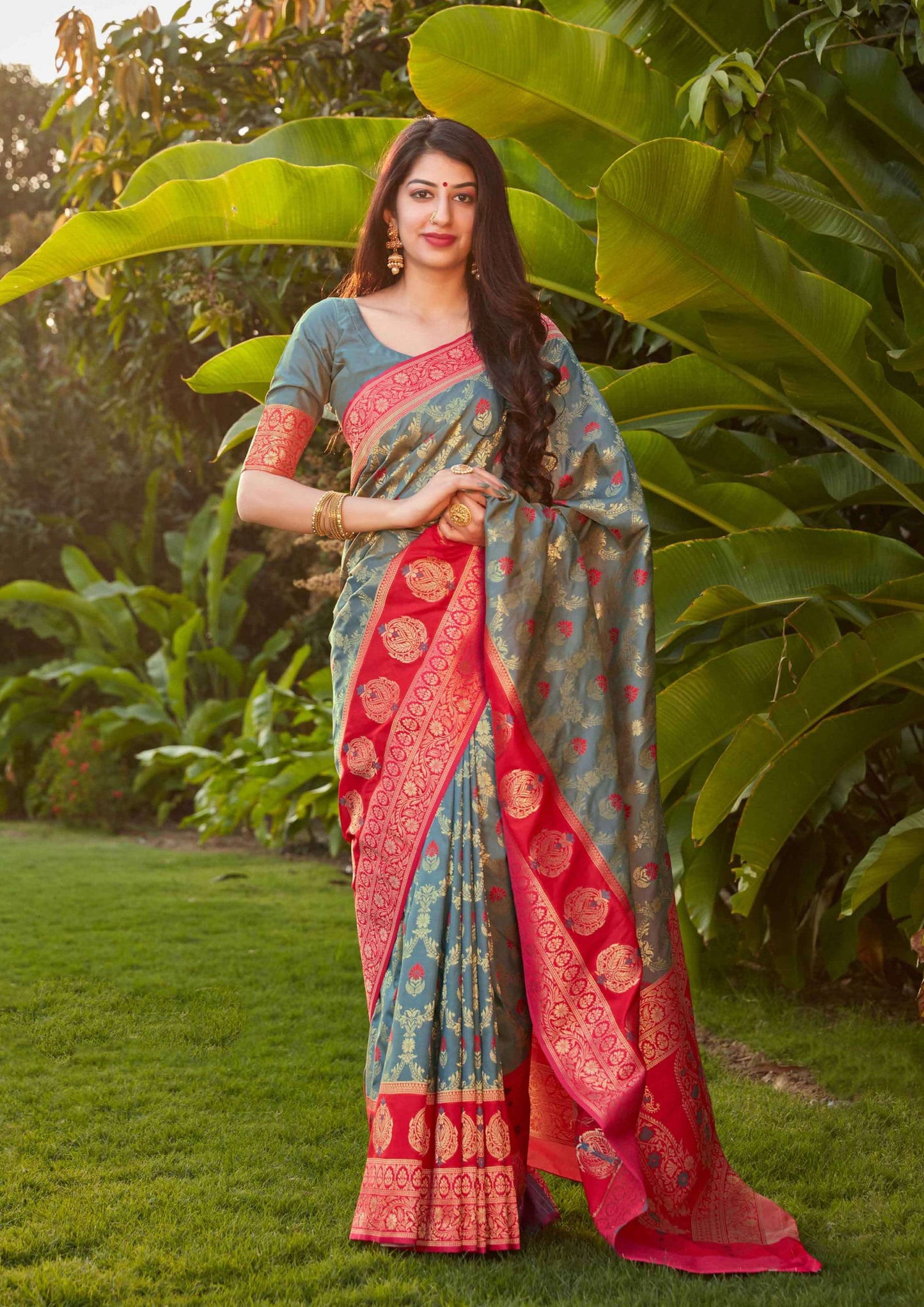 Grey printed pure silk saree with matching blouse (unstitched)