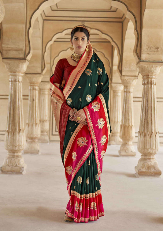 Royal Green pure silk saree with red designer border and blouse (unstitched)