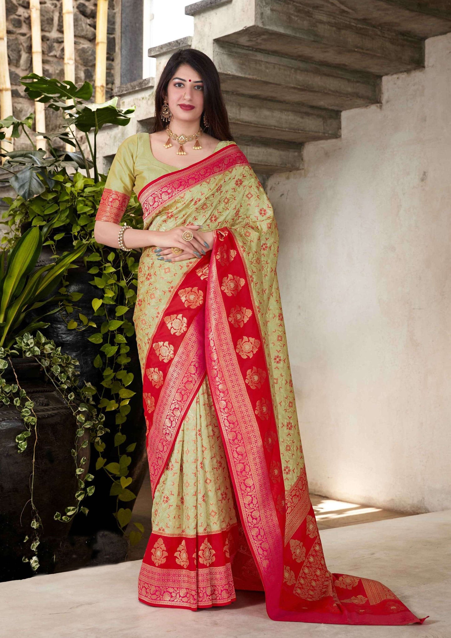 Light green pure silk saree with red designer border and matching blouse (unstitched)