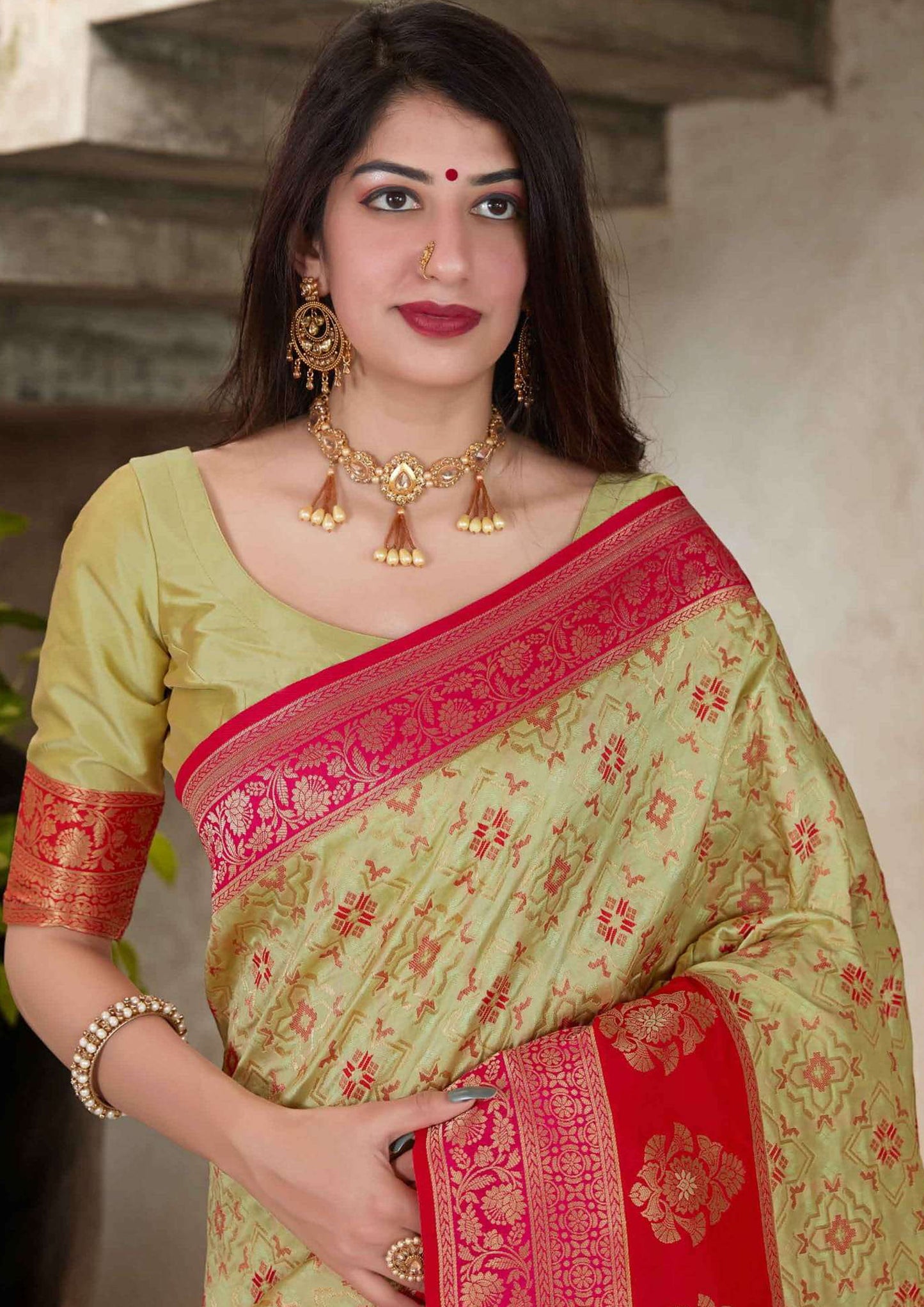 Light green pure silk saree with red designer border and matching blouse (unstitched)